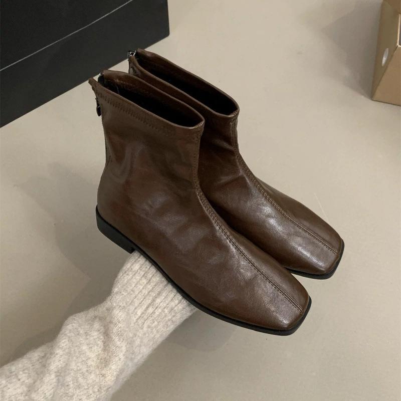 ショートブーツ レディース 韓国 本革 ブーツ ローヒール フラットソール バックジップ レトロ スクエ..