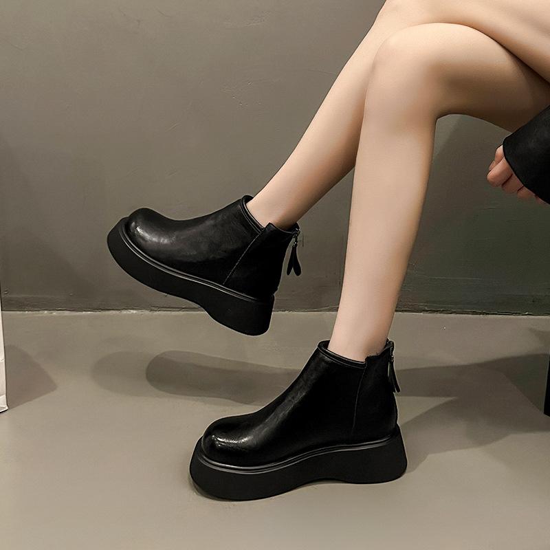 ブーツ レディース 厚底 チェルシーブーツ サイドゴア 裏起毛 保温 防寒 ショート丈 ラウンドトゥ フェ..