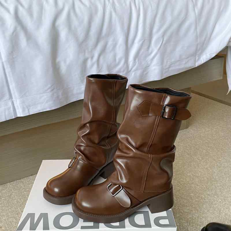 ウエスタンショートブーツ レディース ブラウン レトロ ヴィンテージ風 アメリカン アメカジ チャンキ..