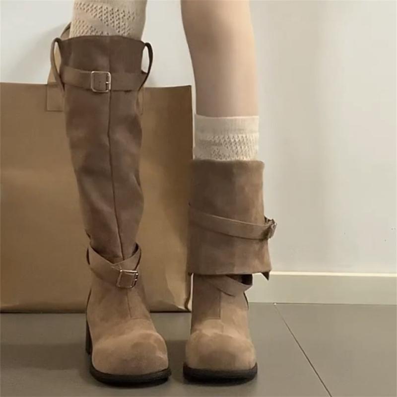 ジョッキーブーツ レディース 女性用 スエード調 ロング丈 ルーズブーツ くしゅくしゅ 太ヒール チャン..