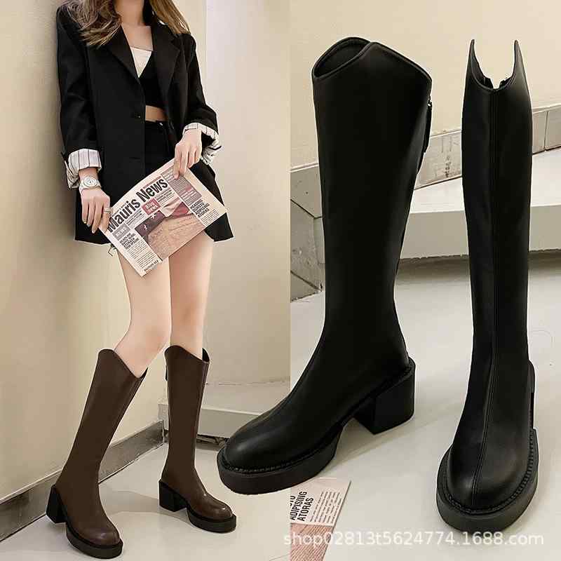 ロングブーツ レディース 秋冬 太ヒール Vカット 小柄向け 細見え ハイヒール 厚底 ラウンドトゥ PUレ..