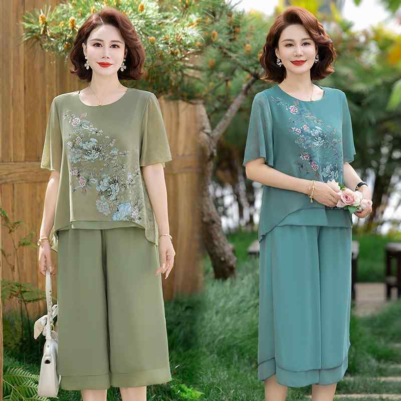 セットアップ レディース ママ ミセス シニア 半袖トップス 七分丈 クロップドパンツ ガウチョ シフォン 花柄 薄手 2点セット 夏 カジュアルスタイル 緑 ピーコックブルー