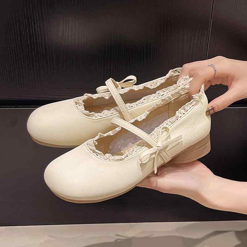 マリージェーンシューズ レディース 春夏 浅口 ラウンドトゥ ローヒール フレンチスタイル ロリータ風 合成皮革 フラットシューズ チャンキーヒール 普段使い お出かけ フェミニン オフホワイト ベージュ