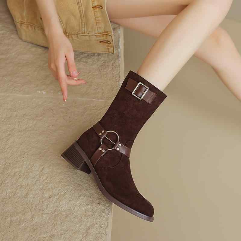 ブーツ レディース ベルトバックル スエード調 ミドル丈 秋冬 チャンキーヒール ミドルヒール カジュア..