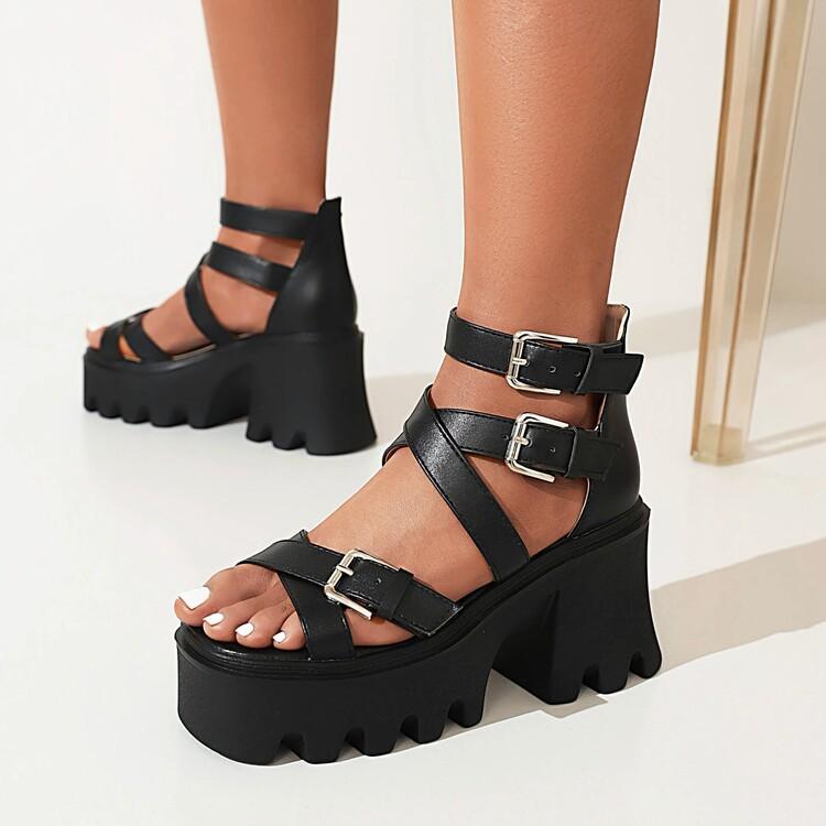 サンダル レディース 春夏 オープントゥ ラウンドトゥ サイドオープン バックジップ スクエアバックル ..