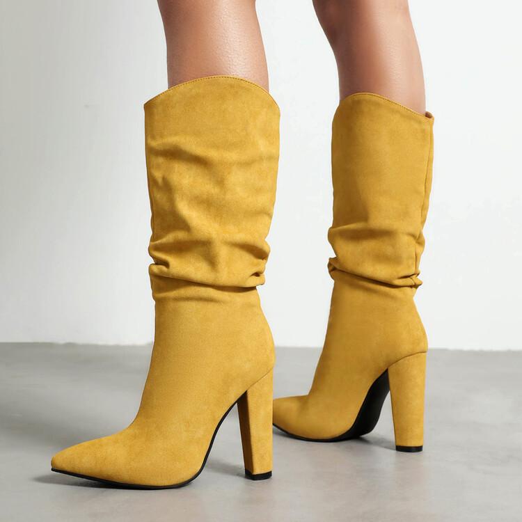 ブーツ レディース 女性用 ポインテッドトゥ チャンキーヒール 太ヒール ルーズ ドレープ ロングブーツ..