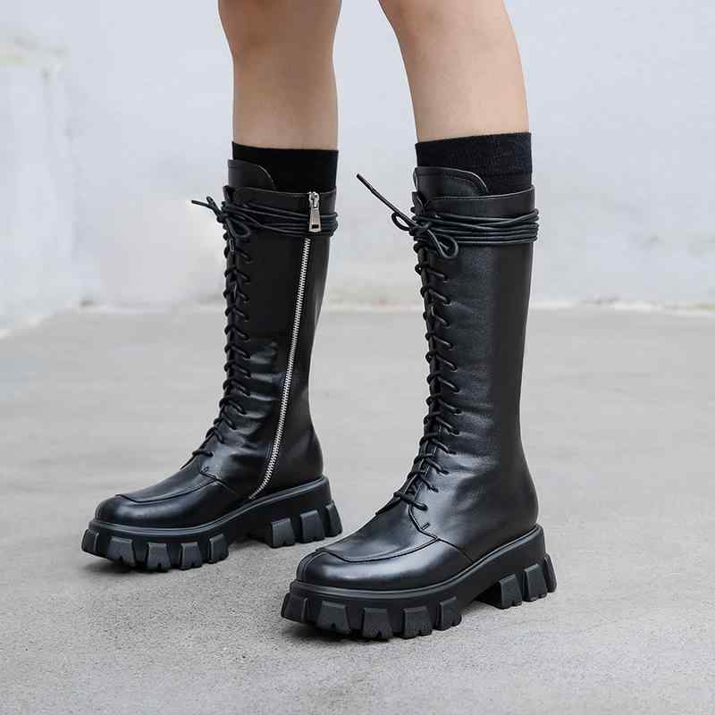 ブーツ レディース ライダース ロングブーツ 牛革 厚底 フラットソール ラウンドトゥ レースアップ 裏..