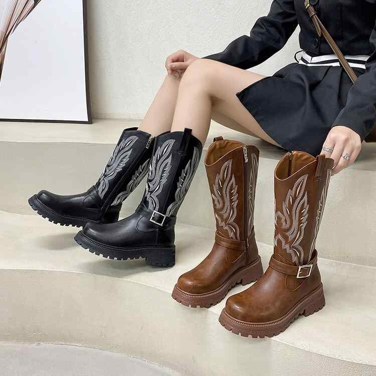 ブーツ レディース ライダーブーツ ウエスタン 刺繍 ラウンドトゥ スクエアバックル サイドジップ ミド..