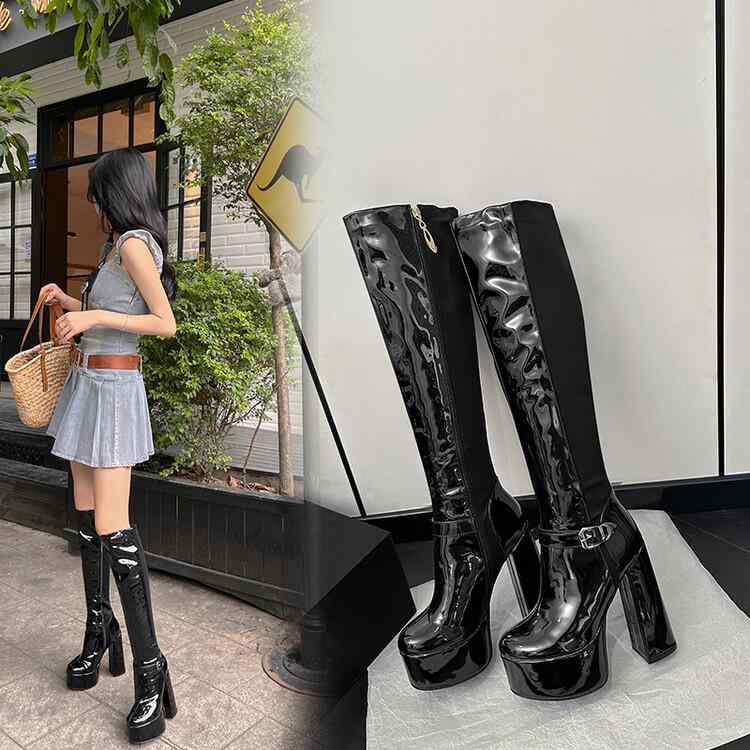 ロングブーツ レディース 女性用 エナメル 合皮 フェイクレザー 切り替え ひざ丈 ラウンドトゥ サイド..