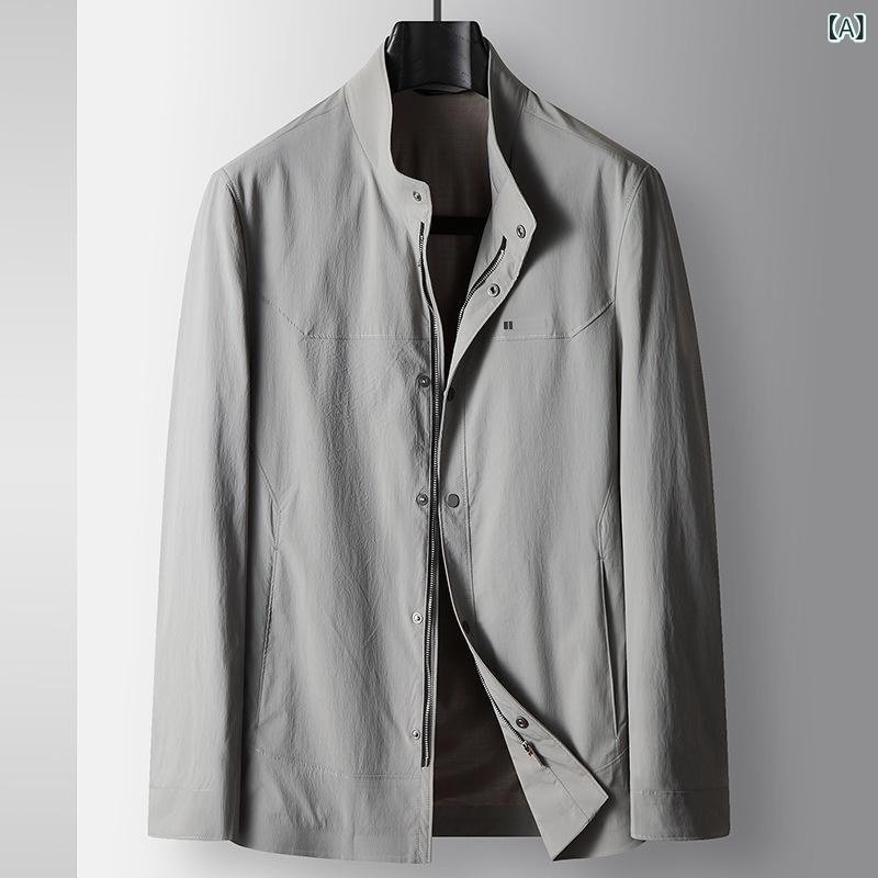 ジャケット メンズ 春秋 ビジネス カジュアル 薄手 ライトアウター スタンドカラー ジップアップ 伸縮性 ストレッチ 通気性 防風 シワ防止 ポリエステル 通勤 オフィス 普段使い 上品 上着 ブルゾン