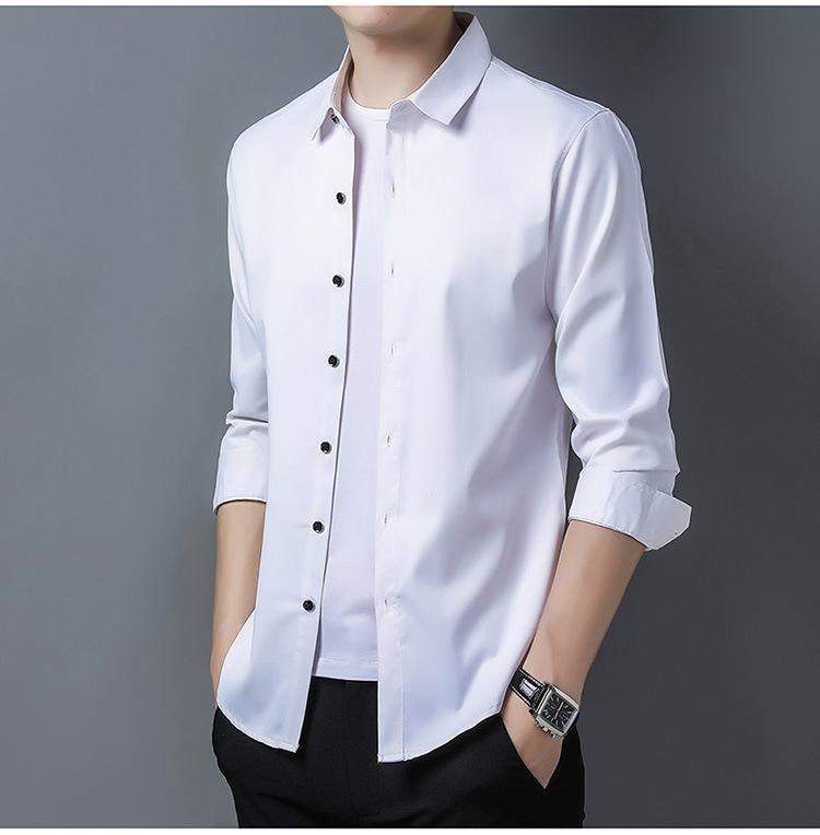 Casual Shirts - シャツ メンズ オールシーズン 無地 プレーン ビジネス オフィス 通勤 フォーマル シワになりにくい イージーケア ドレープ感 とろみ素材 長袖 襟付き 再生繊維 ウォッシャブル トップス 男性用 レギュラーフィット