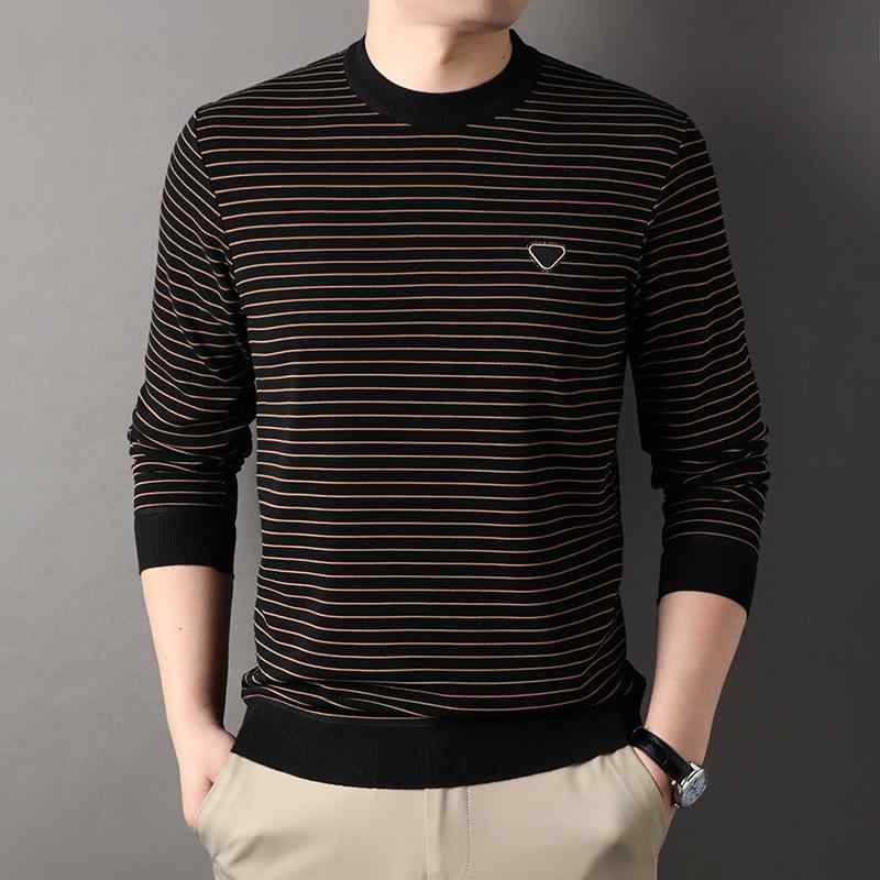 Tシャツ メンズ 男性用 中高年 春秋 長袖 クルーネック ストライプ柄 プルオーバー トップス ベーシック ポリエステル 伸縮性 カジュアル 普段使い ビジネス ブラウン ブラック グリーン