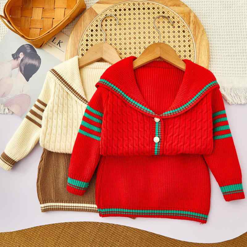 ニット セットアップ キッズ 女の子 秋冬 襟付き ストライプ柄 カーディガン 長袖 スカート 上下セット..