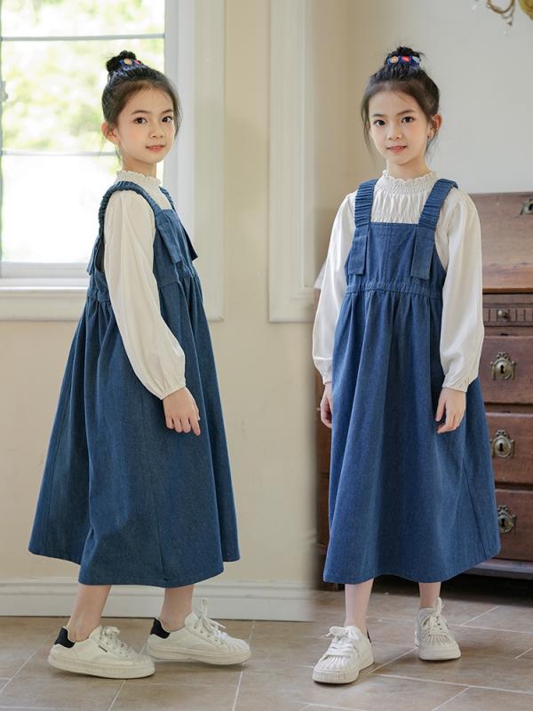 ジャンパースカート キッズ 女の子 ジュニア フレンチ レトロ かわいい おしゃれ デニム サロペットスカート ワンピース カジュアル 春夏秋 通学 普段使い