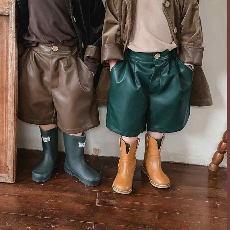 パンツ キッズ 男の子 女の子 男女兼用 春秋 フェイクレザー 合皮 ショートパンツ 無地 レトロ カジュアル ハイウエスト ウエストゴム 柔らか ソフトタッチ ブラック グリーン ブラウン