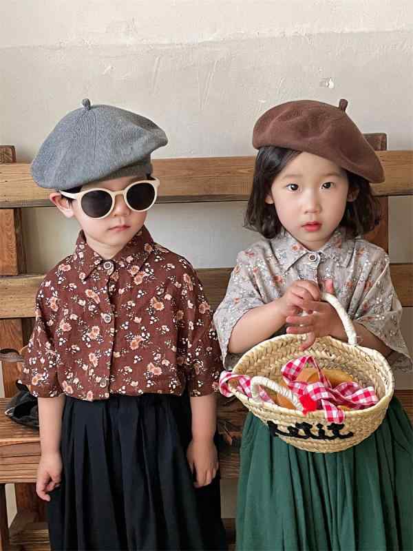 シャツ キッズ 子供服 ベビー 男女兼用 綿麻 小花柄 半袖 襟付き レトロ ナチュラル 夏物 カジュアル ..