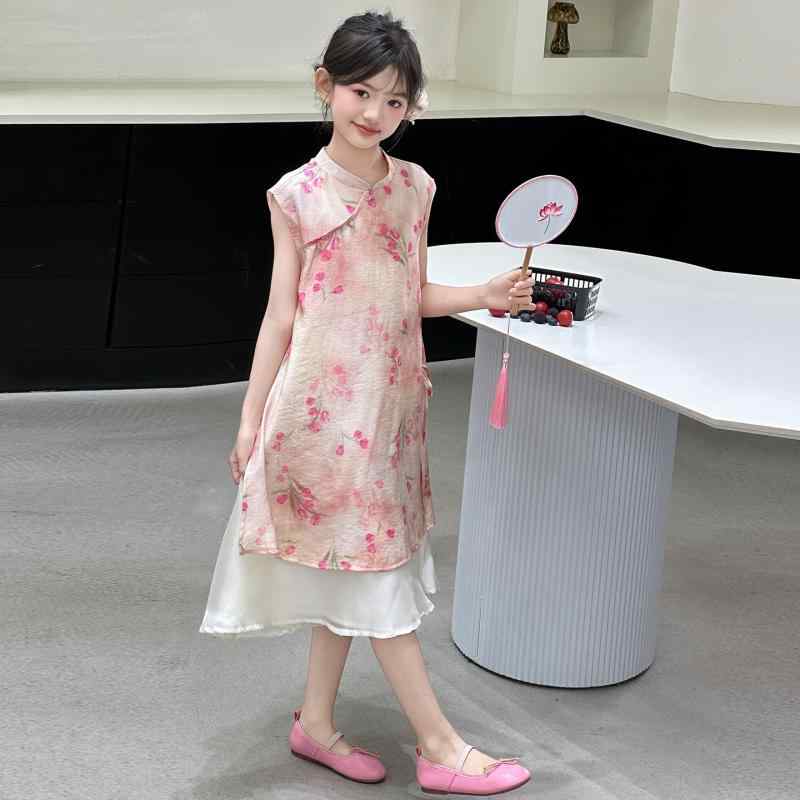 ワンピース 女の子 ジュニア チャイナドレス ノースリーブ レトロ 古典柄 エスニック 春夏 かわいい コ..