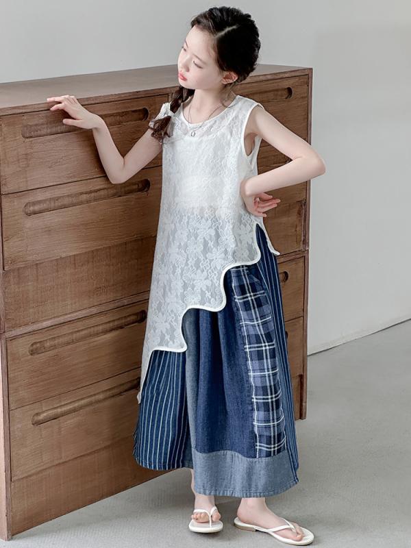 セットアップ 女の子 レトロ 変形 レース 透かし編み ノースリーブ キャミソール ビスチェ 切り替え ワ..