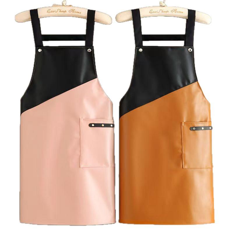 エプロン ユニセックス 大人向け PUレザー 防水 耐油 柔らかい キッチン 厨房 水産業 飲食店 レストラン 作業用 モダン シンプル 無地 フリーサイズ グレー レッド アプリコット