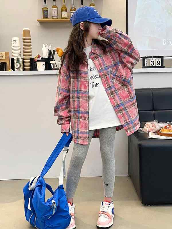 シャツ 女の子 ガールズ ジュニア 襟付き 長袖 チェック柄 格子柄 綿 コットン 柔らかい カジュアル おしゃれ トレンド 韓国 着回し 万能 春秋