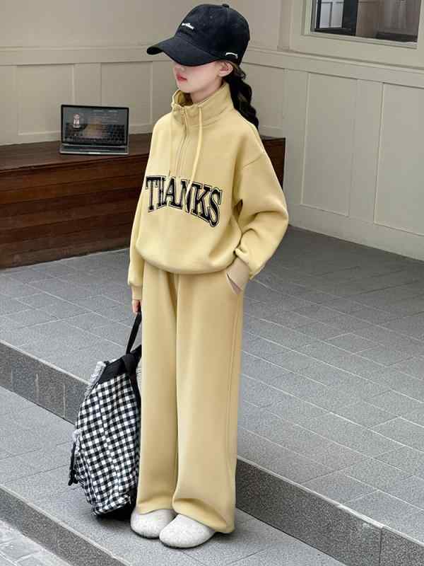 ガールズ セットアップ ジュニア 女の子 子供服 ハーフジップ スタンドカラー 長袖 スウェット プルオーバー ワイドパンツ 上下セット カジュアル 普段着 綿混 ポリエステル 春秋