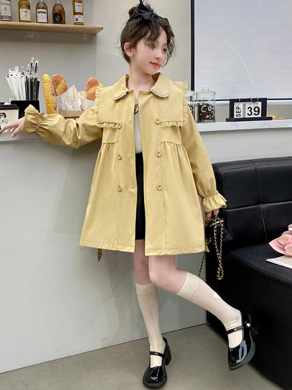 コート ジュニア 女の子 パール襟 ドール フード付き トレンチコート カーキ 春秋 おしゃれ 上品 綿 ポリエステル Aライン 韓国 シングルボタン
