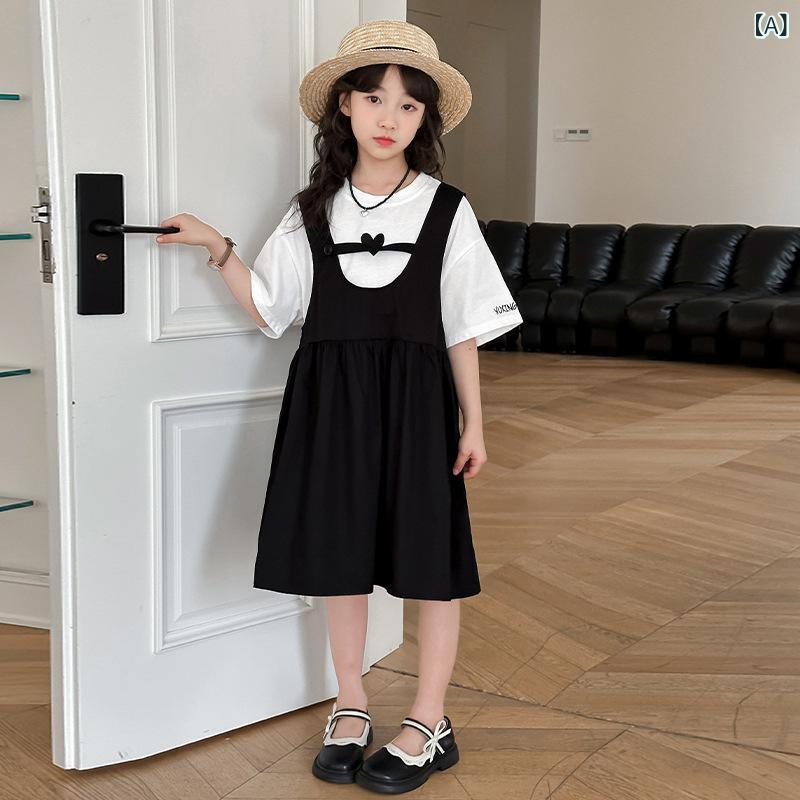 ワンピース ジュニア 女の子 夏物 半袖 サロペットワンピース ジャンパーワンピース アンサンブル 韓国 おしゃれ かわいい 綿 コットン Aライン 柔らかい肌触り お出かけ 通学 ブラック