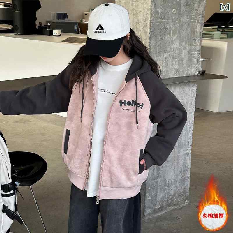 ガールズ ジャケット ジュニア 女の子 秋冬 中綿入り 厚手 フード付き ジップアップ ベースボールジャケット スタジャン カジュアル 韓国 スクールスタイル ...
