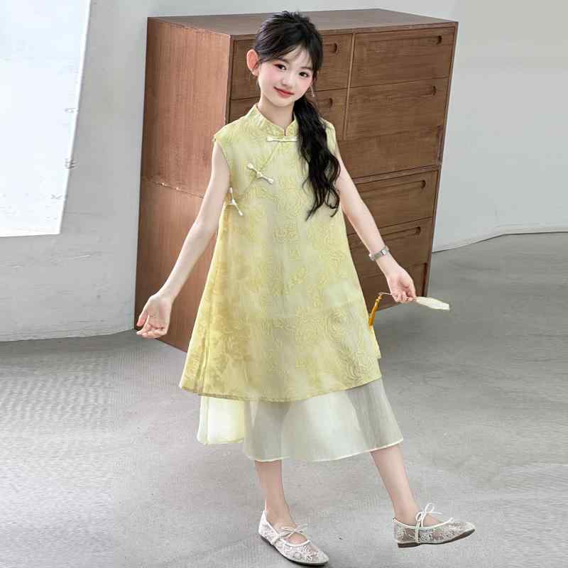 ワンピース ドレス 女の子 ジュニア 中大童 プリンセス チャイナドレス 中国風 レトロ 古風 エスニック かわいい ノースリーブ Aライン 涼しい サマーワンピース