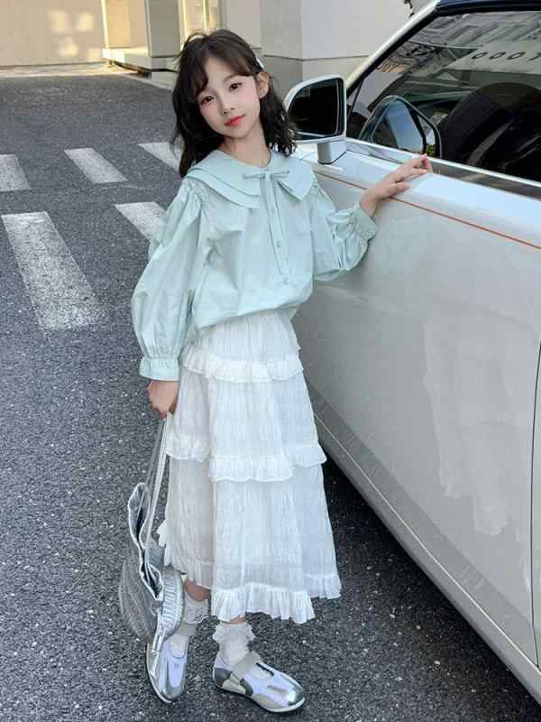 スカート セットアップ 女の子 韓国 春秋 かわいい カジュアル ジュニア ティーン シャツ ティアードスカート 2点セット 長袖 綿混 ポリエステル ライトグリーン ホワイト お出かけ 普段使い 通学