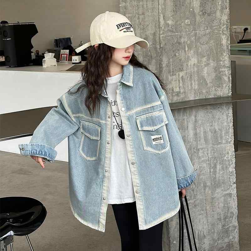 デニムシャツ 女の子 ガールズ キッズ ジュニア 春夏 韓国ファッション おしゃれ 着回し 万能 コットンデニム トップス ブラウス アウター カジュアル 通学 普段使い ライトブルー