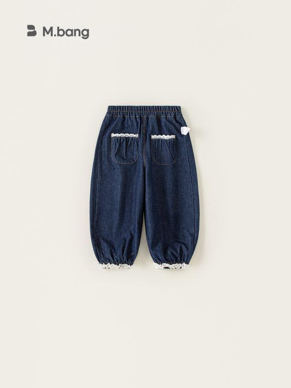 デニムパンツ 女の子 キッズ ジーンズ 綿 コットン フリル レース ジョガーパンツ カジュアル ロングパンツ ミドルウエスト ウエストゴム 柔らか デニムブルー ブルー系 通園 通学 普段着 春秋