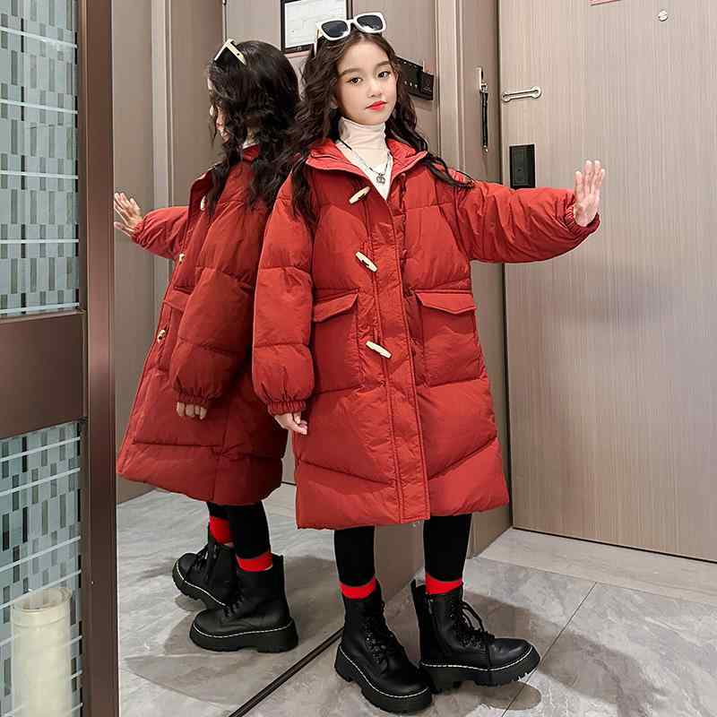 キッズ ジュニア 女の子 ダウンコート 韓国 おしゃれ ダウン フード付き ロング丈 ゆったり 赤 冬物 防寒 アウター ポリエステル ジップアップ