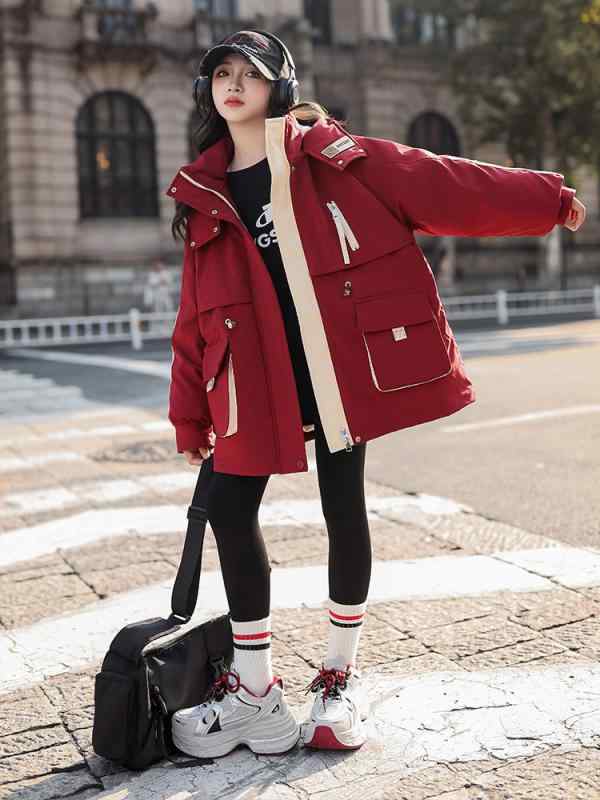 ダウンジャケット 女の子 ジュニア 冬物 フード付き 無地 韓国カジュアル 厚手 防寒 ダウン ミドル丈 ゆったり オーバーサイズ アウター コート ブラック ...