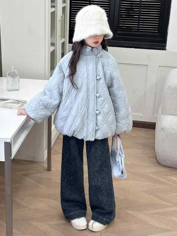 中綿ジャケット 女の子 ガールズ アウター コート 秋冬 厚手 裏起毛 暖かい 防寒 ボリュームネック ハイネック おしゃれ かわいい カジュアル 無地 ポリエ...