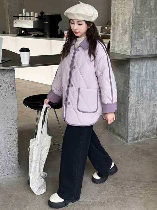 中綿コート 女の子 ジュニア 裏起毛 防寒 保温 暖かい 厚手 ポリエステル素材 カジュアル 韓国 おしゃれ 小襟 シャツ型 ジップアップ アウター ジャケット...