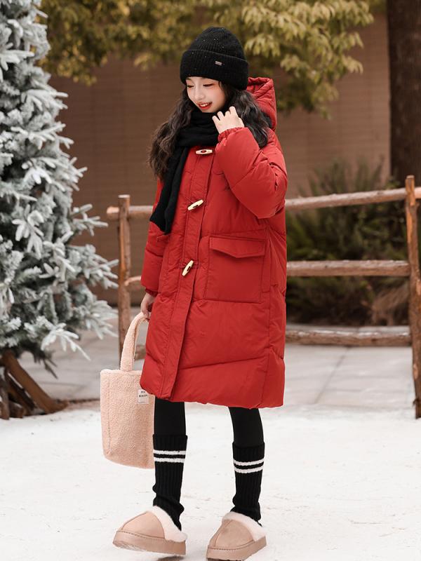 ダウンコート ガールズ ジュニア 秋冬 真冬 ロング丈 フード付き ダウン レッド 赤 暖かい 防寒 保温 ゆったり 厚手 韓国 おしゃれ お出かけ 普段使い ...