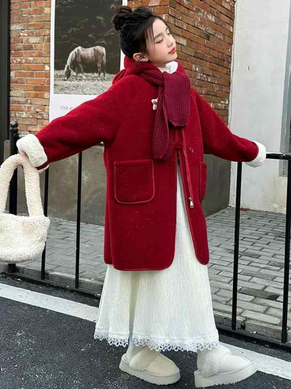 コート 女の子 ジュニア 子供服 秋冬 裏起毛 厚手 セレモニー フォーマル イベント レッド 赤 暖かい 防寒 フード付き メルトン ウール混 アウター ロン...