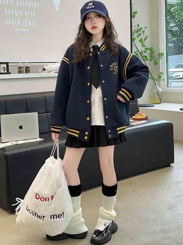 ジャケット キッズ 女の子 ジュニア ガールズ 秋冬 中綿入り 厚手 スタジャン ブルゾン クルーネック スクール風 アウター ポリエステル ネイビー ピンク系...