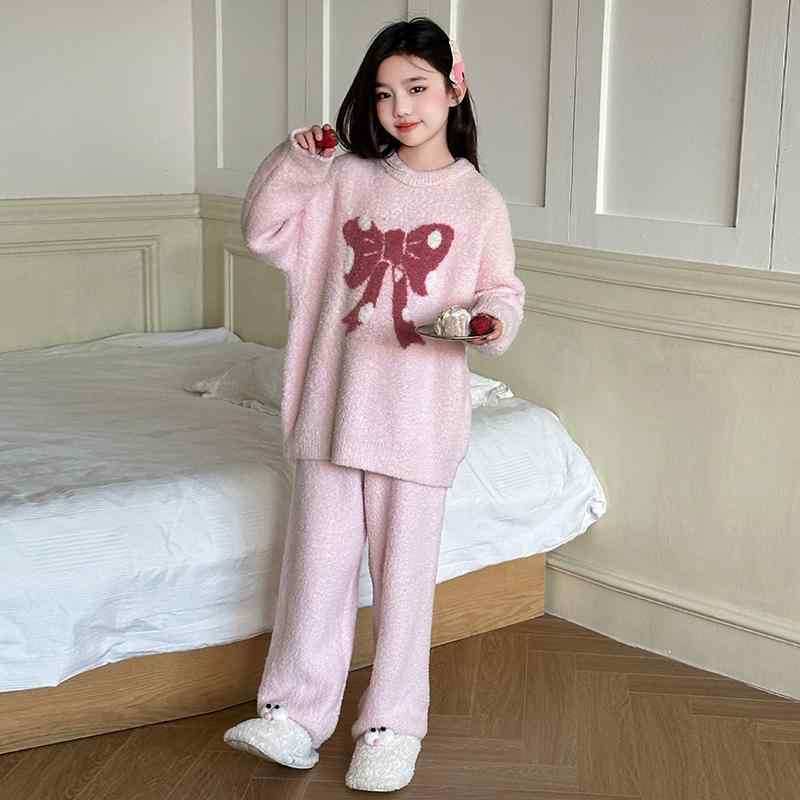 パジャマ 女の子 ジュニア フランネル ルームウェア 厚手 暖かい 保温 吸湿速乾 リボン 上下セット 韓国 おしゃれ かわいい ピンク系 冬