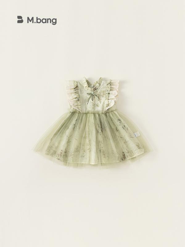 ワンピース 女の子 キッズ ベビー チャイナ風 モダン ドレス フリル袖 ノースリーブ チュール 花柄 Aライン レーヨン 柔らか素材 肌触り良い 春夏 サマー グリーン 子供服 普段使い お出かけ