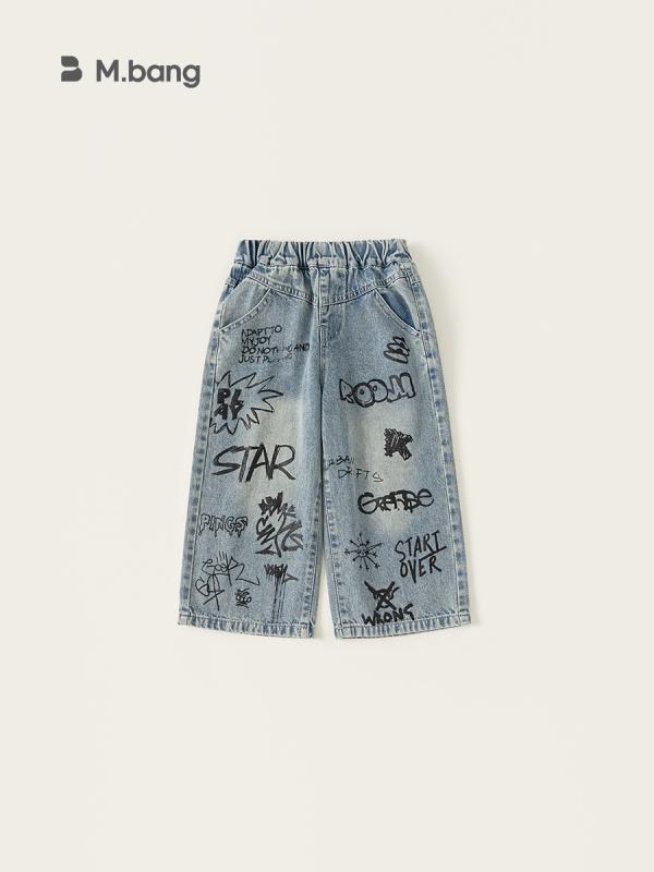 デニムパンツ 男の子 グラフィティ柄 ゆったり ワイドシルエット ロング丈 ウエストゴム ミドルウエスト 韓国 カジュアル 綿 やわらか素材 通園 通学 普段使い 春秋 ブルー