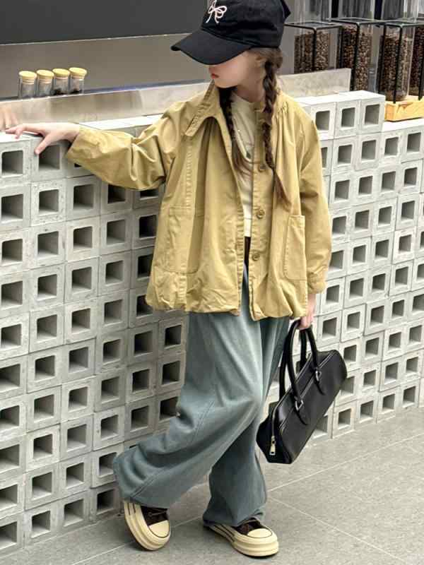 ジャケット 女の子 キッズ ガールズ 春夏 カジュアル おしゃれ ファッション 韓国 ショート丈 アウター 羽織り 着回し ラウンドネック 長袖 シングルボタン...