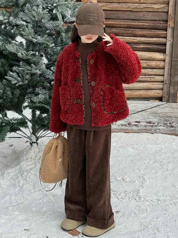 ジャケット 女の子 キッズ 冬用 防寒 裏起毛 モコモコ フェイクファー 韓国 おしゃれ かわいい お出かけ ラウンドネック ショート丈 長袖 ポリエステル 赤