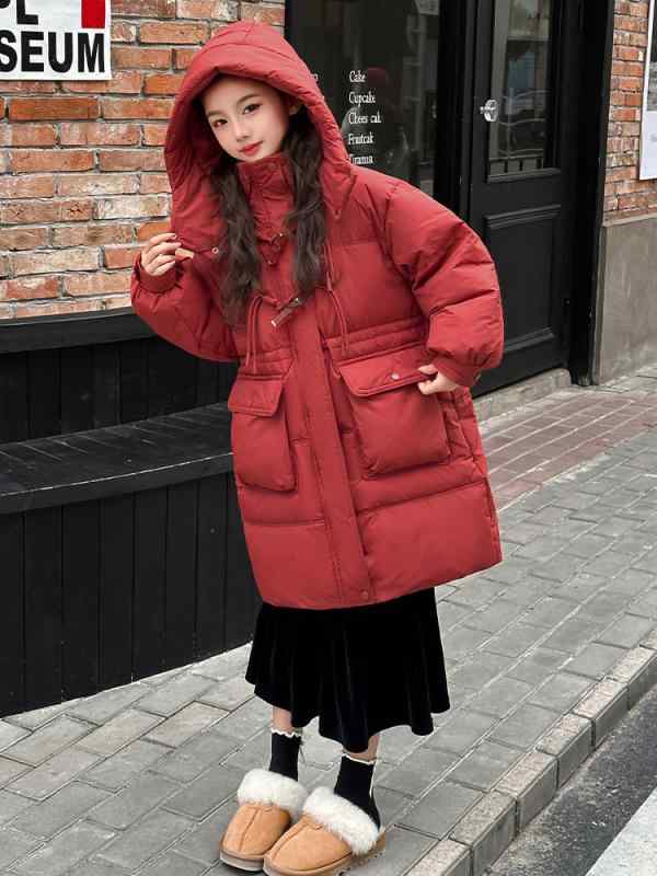 中綿コート 女の子 ジュニア キッズ 秋冬 韓国 おしゃれ かわいい 厚手 保温 防寒 フード付き ミドル丈 ロング丈 ジップアップ ポリエステル中綿 カジュア...