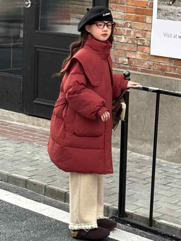 アウター ガールズ 女の子 子供用 キッズ 秋冬 中綿コート 中綿ジャケット 厚手 あったか 防寒 ウエストマーク ビッグカラー フード付き 韓国 おしゃれ カ...