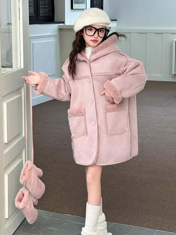キッズ 女の子 コート 裏ボア ムートン風 フード付き スエード調 モータースタイル ミドル丈 韓国 厚手..