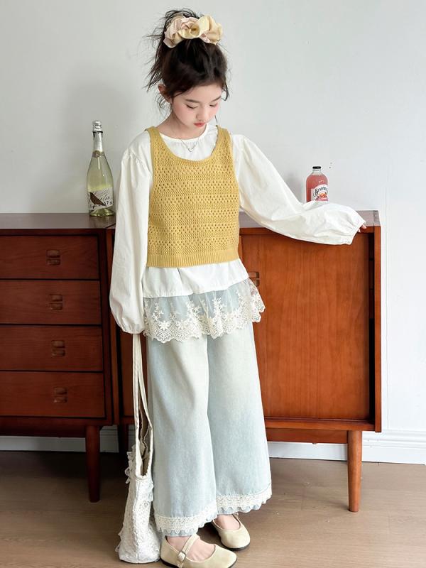 女の子 ガールズ ベスト フリル インナーシャツ デニムパンツ 3点セット 韓国 おしゃれ カジュアル スリーピース 綿混 ポリエステル 春秋 ジュニア 普段使い お出かけ