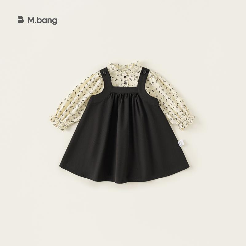 キッズ 女の子 セットアップ 長袖 花柄トップス 無地サロペットスカート 綿 コットン かわいい フリル 韓国 春秋 2点セット 上下セット アプリコット ブラック