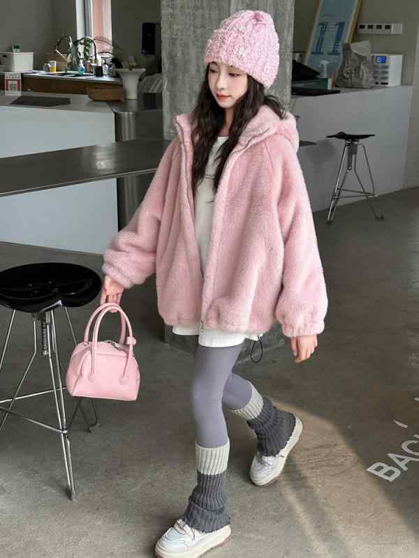 コート 女の子 ガールズ ジュニア 冬 フェイクファー フード付き モコモコ ふわふわ 厚手 裏起毛 保温 防寒 暖かい カジュアル 韓国 ショート丈